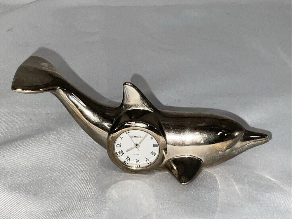 VTG VINTAGE SILVER TONE RUMOURS DOLPHIN CLOCK QUARTZ 1980S
